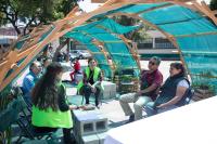 City residents gather to talk under a new shaded shelter