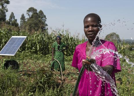 Women irrigating a farm using solar-powered water pump in Kenya.