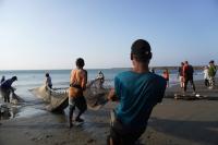 Fishermen in Indonesia haul in their nets on a beach.
