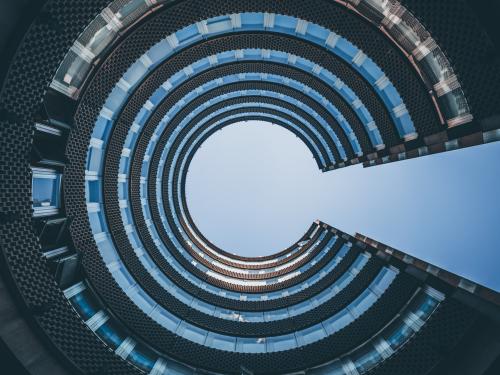 View from the bottom of a fancy corporate building.