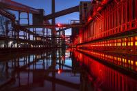 Industrial buildings at night.