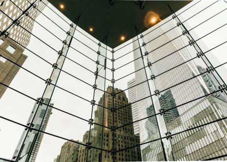 Building reflected in a window
