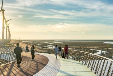 People walk on a bridge over wetlands with windmills in the distance.