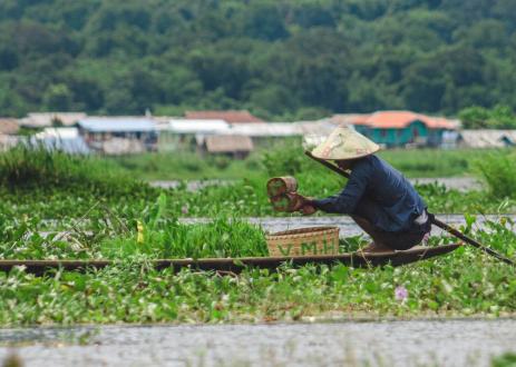 A man fishing on a boat in a river surrounded by fields.