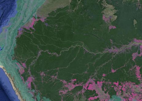 Aerial view of map with terrain.
