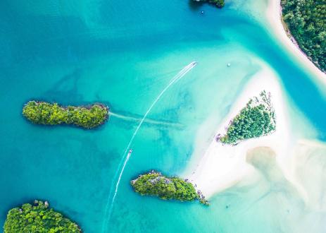 Aerial view of ocean and islands.