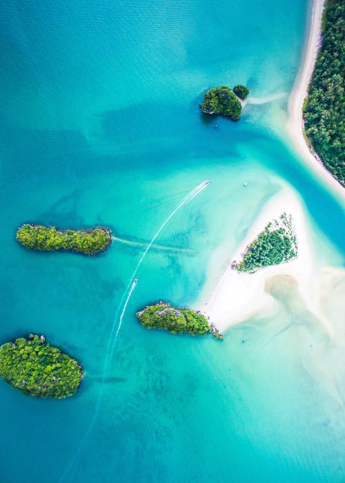 Aerial view of ocean and islands.