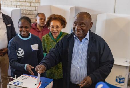 South African President Cyril Ramaphosa votes during the 2024 elections.