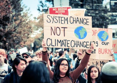 Person in crowd holding sign that reads "SYSTEM CHANGE NOT CLIMATE CHANGE" with Earth image on cardboard sign.