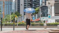 Woman walking wearing covering for heat and umbrella.
