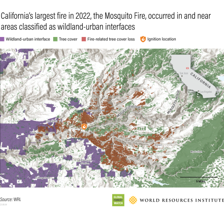 Map of the large burned area from California's Mosquito Fire in 2022.